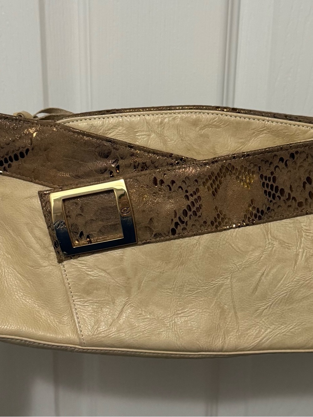 Cream and Metallic Brown Women’s Shoulder Bag - Designer Style